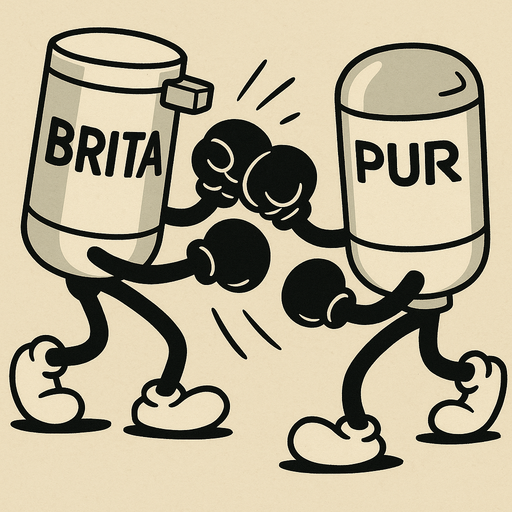 A Brita water filter fights a Pur water filter - cartoon