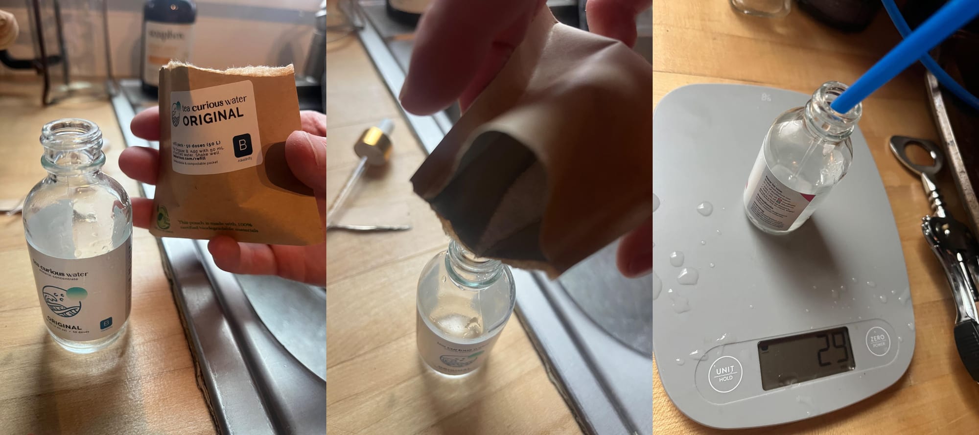 Add mineral powder, zero out scale, set to ml, fill to 50ml.