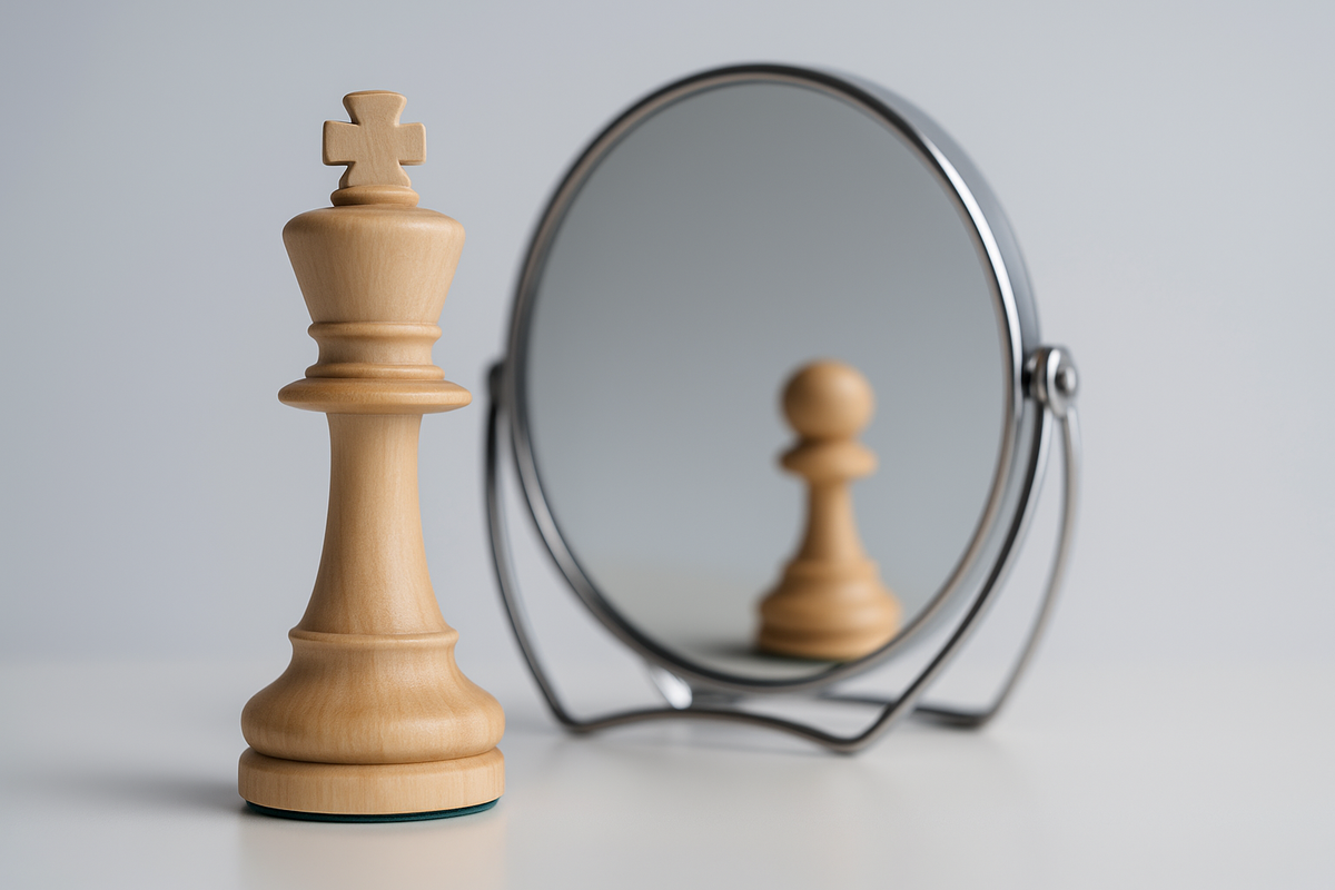 A king chess piece sees his reflection in the mirror is only a pawn.