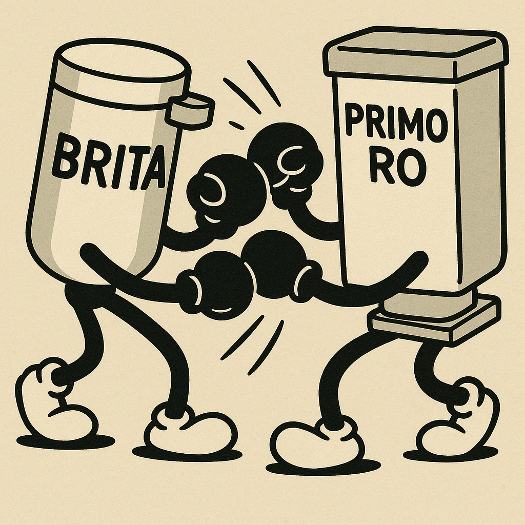 Brita water filter vs Primo RO water filter funny vintage cartoon graphic