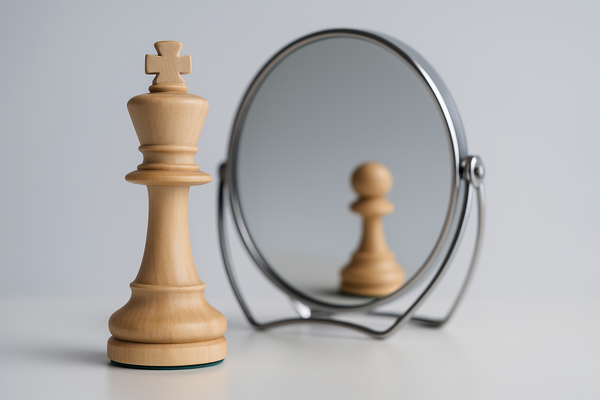 A king chess piece sees his reflection in the mirror is only a pawn.