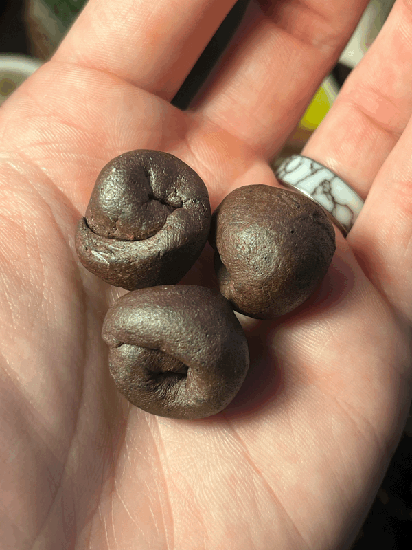 Clay kettle stones held in the palm.